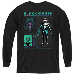 AN OFFCIALLY LICENSED AQUAMAN AND THE LOST KINGDOM BLACK MANTA STATS YOUTH LONG SLEEVE T-SHIRT BLACK