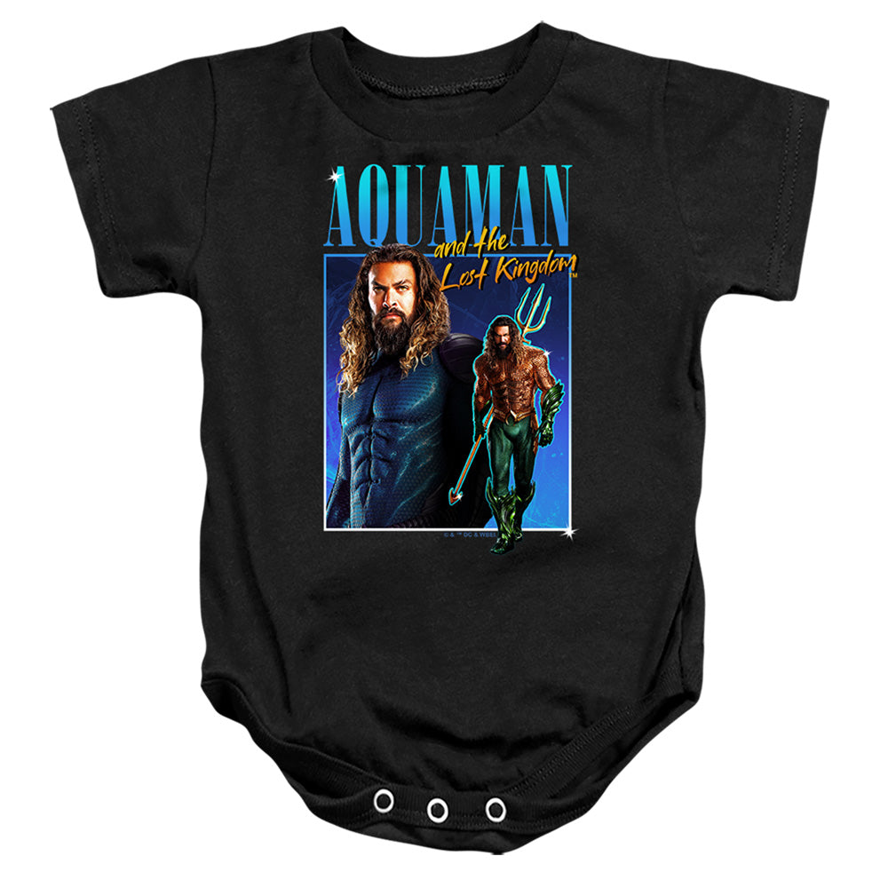 AN OFFCIALLY LICENSED AQUAMAN AND THE LOST KINGDOM 90'S STYLE AQUAMAN BABY BODYSUIT BLACK