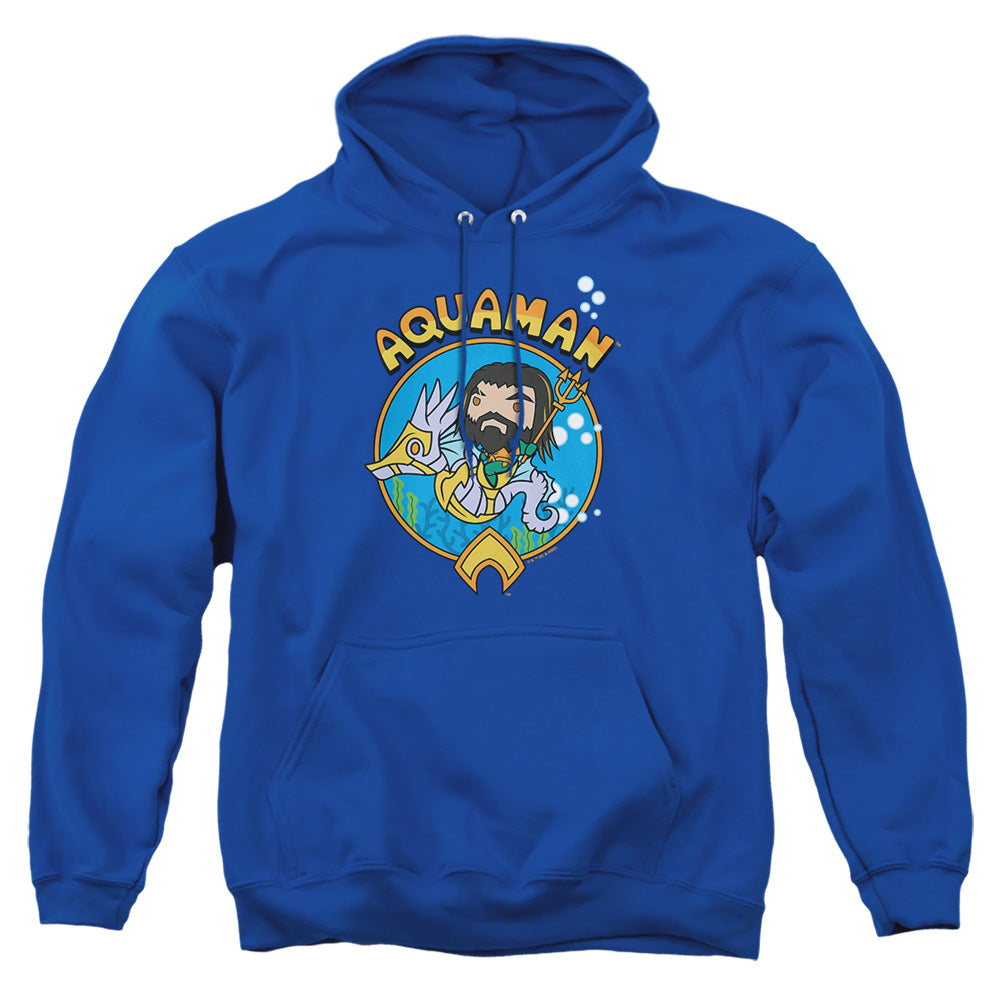 AN OFFCIALLY LICENSED AQUAMAN AND THE LOST KINGDOM CHIBI AQUAMAN ADULT UNISEX PULLOVER HOODIE ROYAL