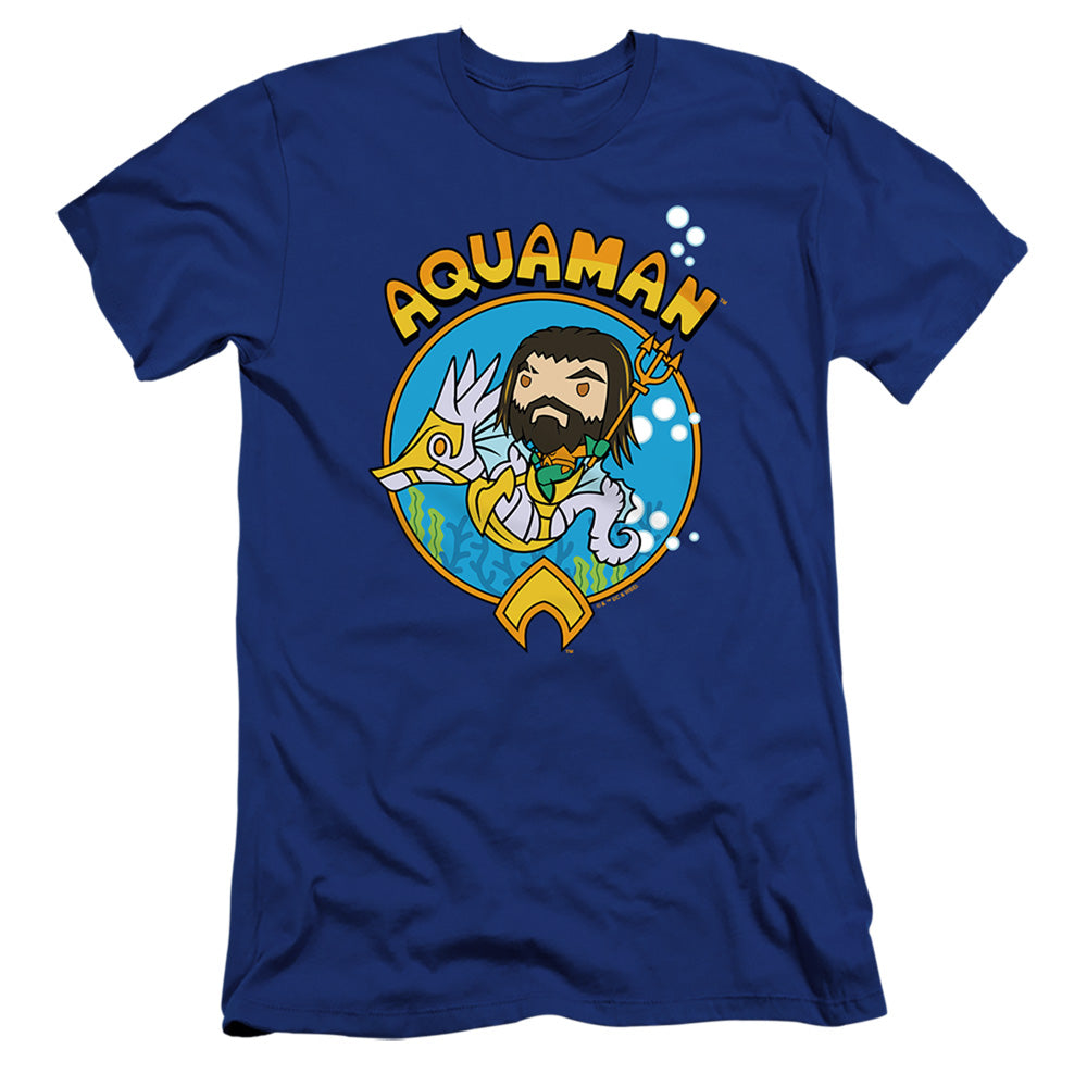 AN OFFCIALLY LICENSED AQUAMAN AND THE LOST KINGDOM CHIBI AQUAMAN MEN'S PREMIUM SLIM FIT T-SHIRT ROYAL