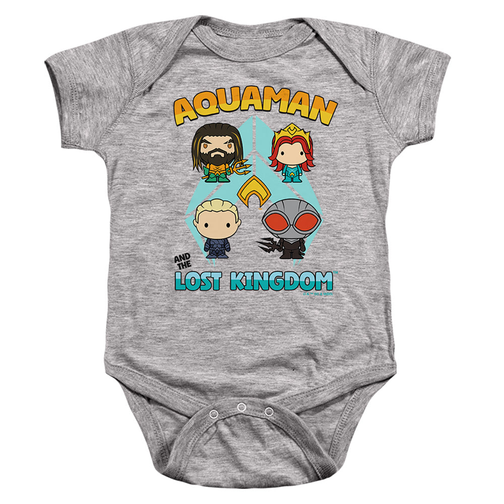 AN OFFCIALLY LICENSED AQUAMAN AND THE LOST KINGDOM CHARACTER LINEUP BABY BODYSUIT ATHLETIC HEATHER