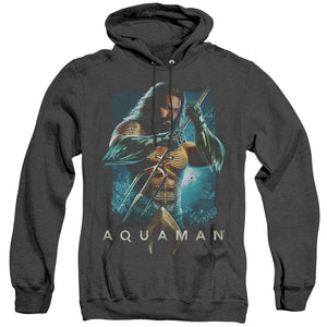 AN OFFCIALLY LICENSED AQUAMAN MOVIE TRIDENT ADULT UNISEX HEATHER PULLOVER HOODIE BLACK
