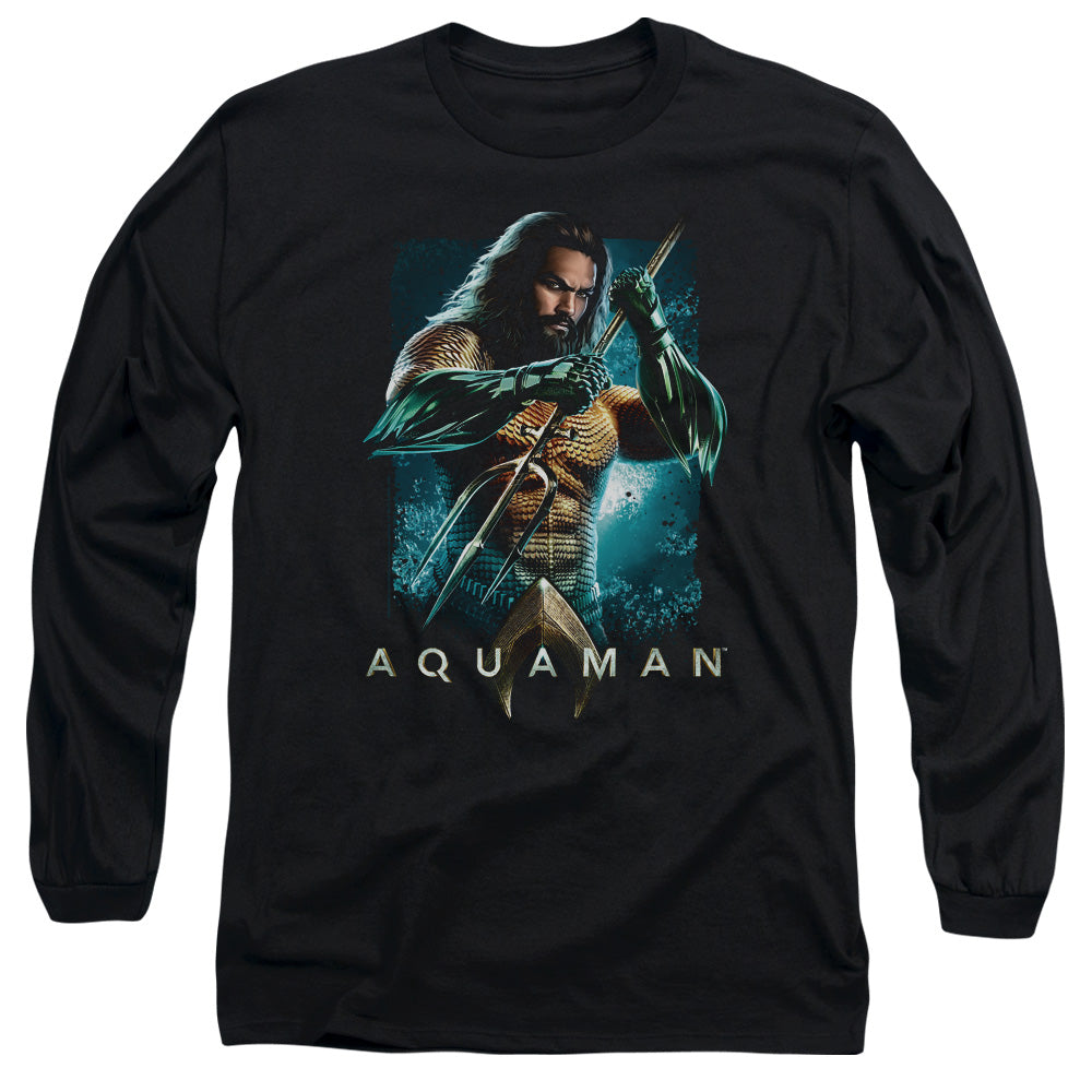 AN OFFCIALLY LICENSED AQUAMAN MOVIE TRIDENT MEN'S LONG SLEEVE T-SHIRT BLACK
