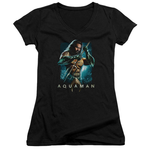 Aquaman Movie Trident Licensed Women's T-Shirt Juniors V-Neck SM