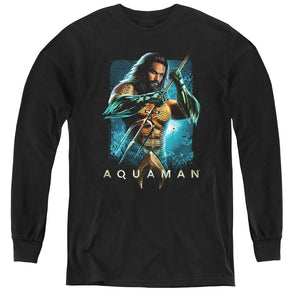 AN OFFCIALLY LICENSED AQUAMAN MOVIE TRIDENT YOUTH LONG SLEEVE T-SHIRT BLACK