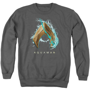 AN OFFCIALLY LICENSED AQUAMAN MOVIE WATER SHIELD ADULT UNISEX CREWNECK SWEATSHIRT CHARCOAL
