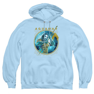 AN OFFCIALLY LICENSED AQUAMAN MOVIE TRIDENT OF NEPTUNE ADULT UNISEX PULLOVER HOODIE LIGHT BLUE