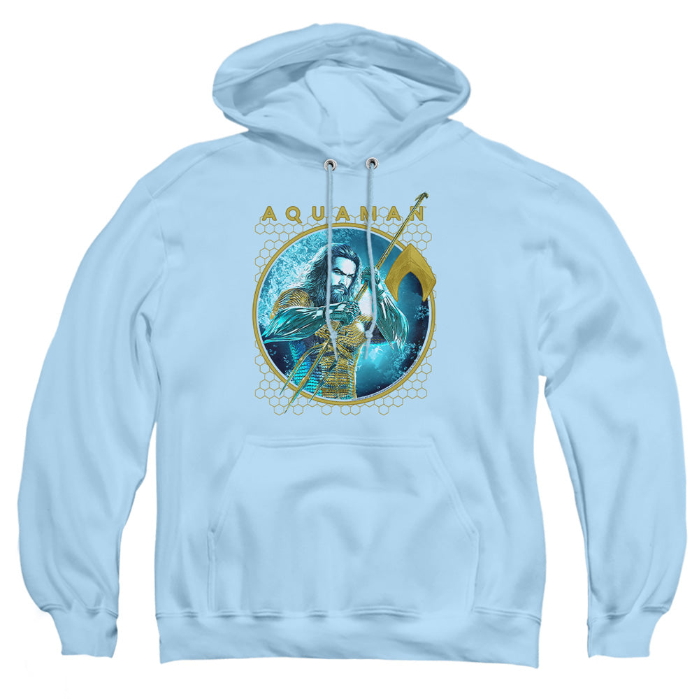 AN OFFCIALLY LICENSED AQUAMAN MOVIE TRIDENT OF NEPTUNE ADULT UNISEX PULLOVER HOODIE LIGHT BLUE