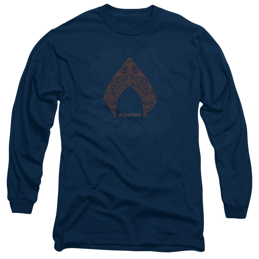 AN OFFCIALLY LICENSED AQUAMAN MOVIE AQUA PAISLEY MEN'S LONG SLEEVE T-SHIRT NAVY