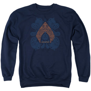 AN OFFCIALLY LICENSED AQUAMAN MOVIE AQUA PAISLEY ADULT UNISEX CREWNECK SWEATSHIRT NAVY