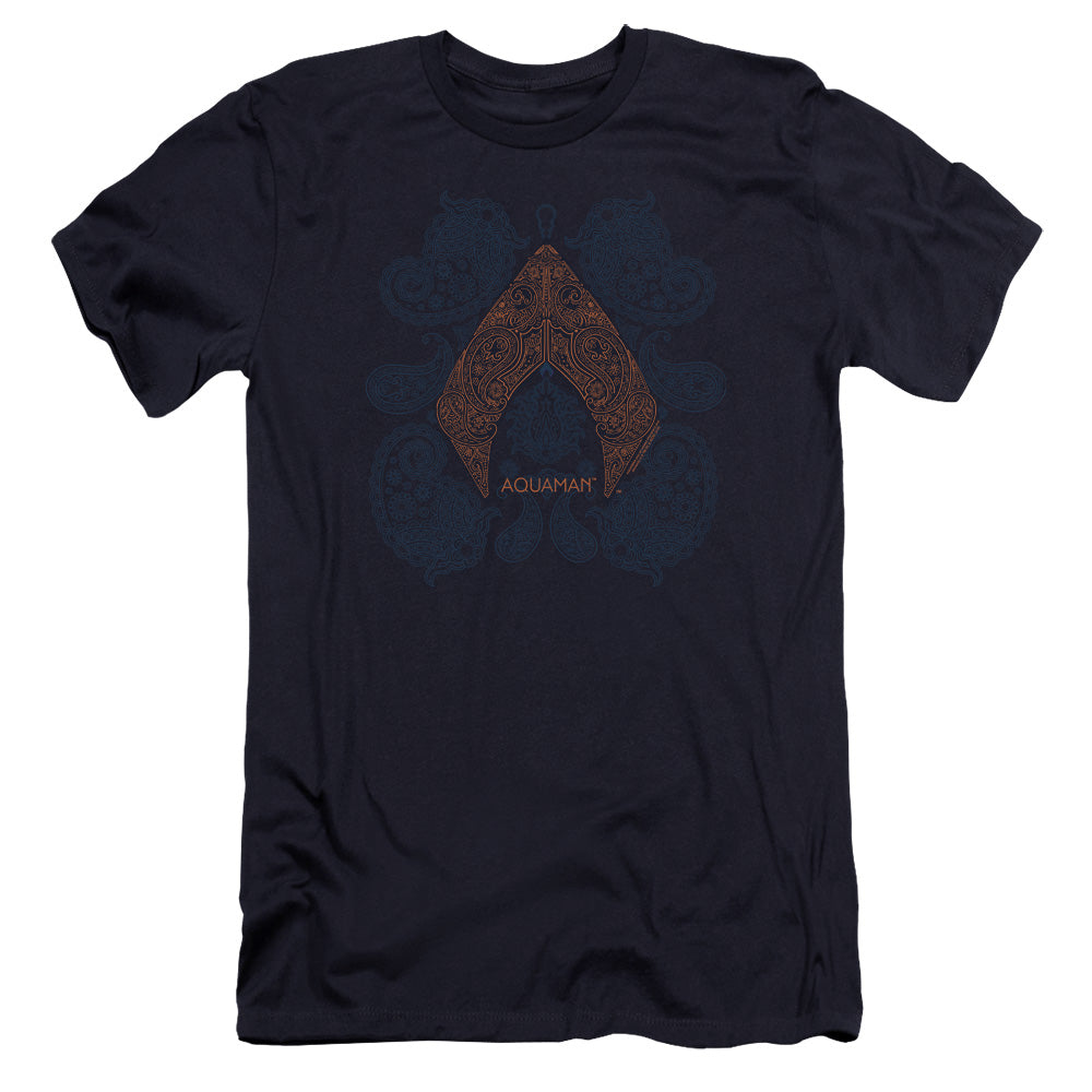 AN OFFCIALLY LICENSED AQUAMAN MOVIE AQUA PAISLEY MEN'S PREMIUM SLIM FIT T-SHIRT NAVY