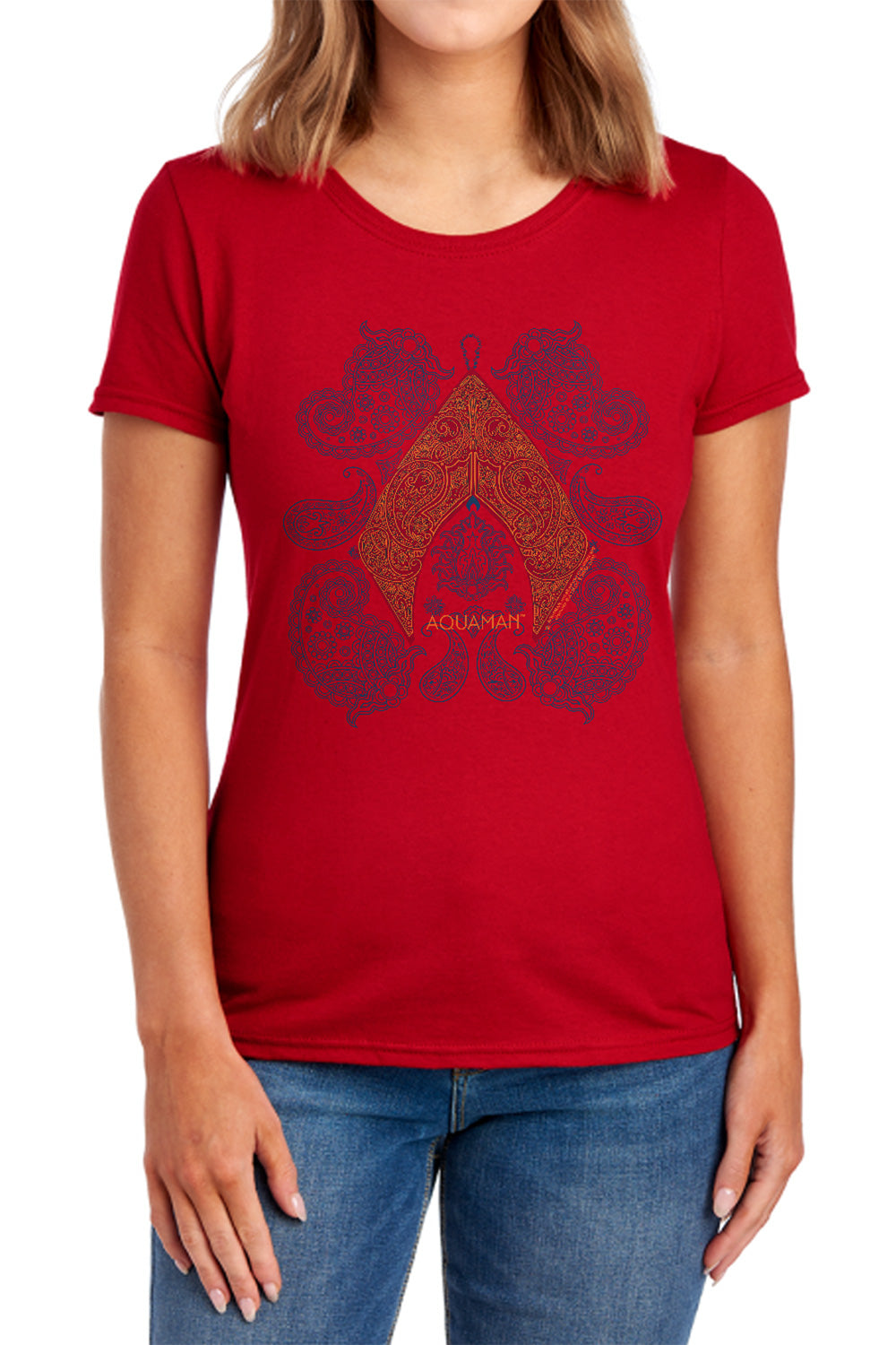 AN OFFCIALLY LICENSED AQUAMAN MOVIE AQUA PAISLEY WOMEN'S REGULAR FIT T-SHIRT NAVY