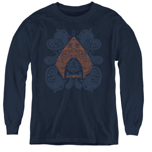 AN OFFCIALLY LICENSED AQUAMAN MOVIE AQUA PAISLEY YOUTH LONG SLEEVE T-SHIRT NAVY