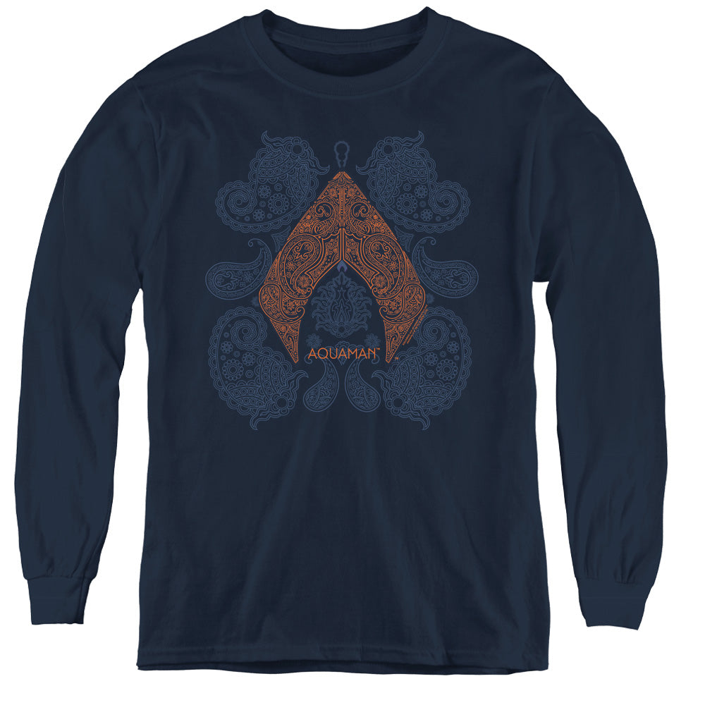 AN OFFCIALLY LICENSED AQUAMAN MOVIE AQUA PAISLEY YOUTH LONG SLEEVE T-SHIRT NAVY