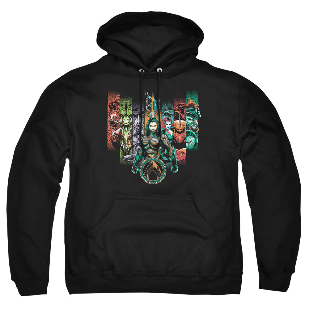 AN OFFCIALLY LICENSED AQUAMAN MOVIE UNITE THE KINGDOMS ADULT UNISEX PULLOVER HOODIE BLACK