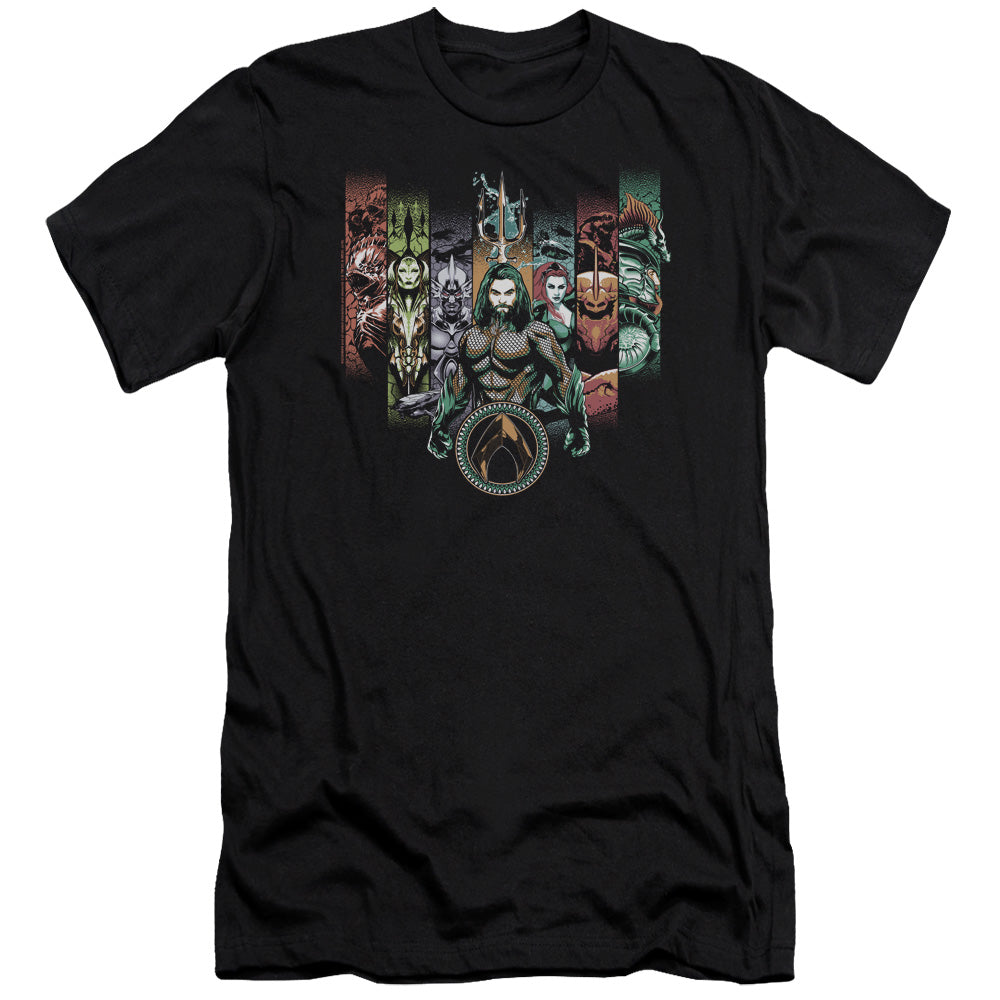 AN OFFCIALLY LICENSED AQUAMAN MOVIE UNITE THE KINGDOMS MEN'S PREMIUM SLIM FIT T-SHIRT BLACK