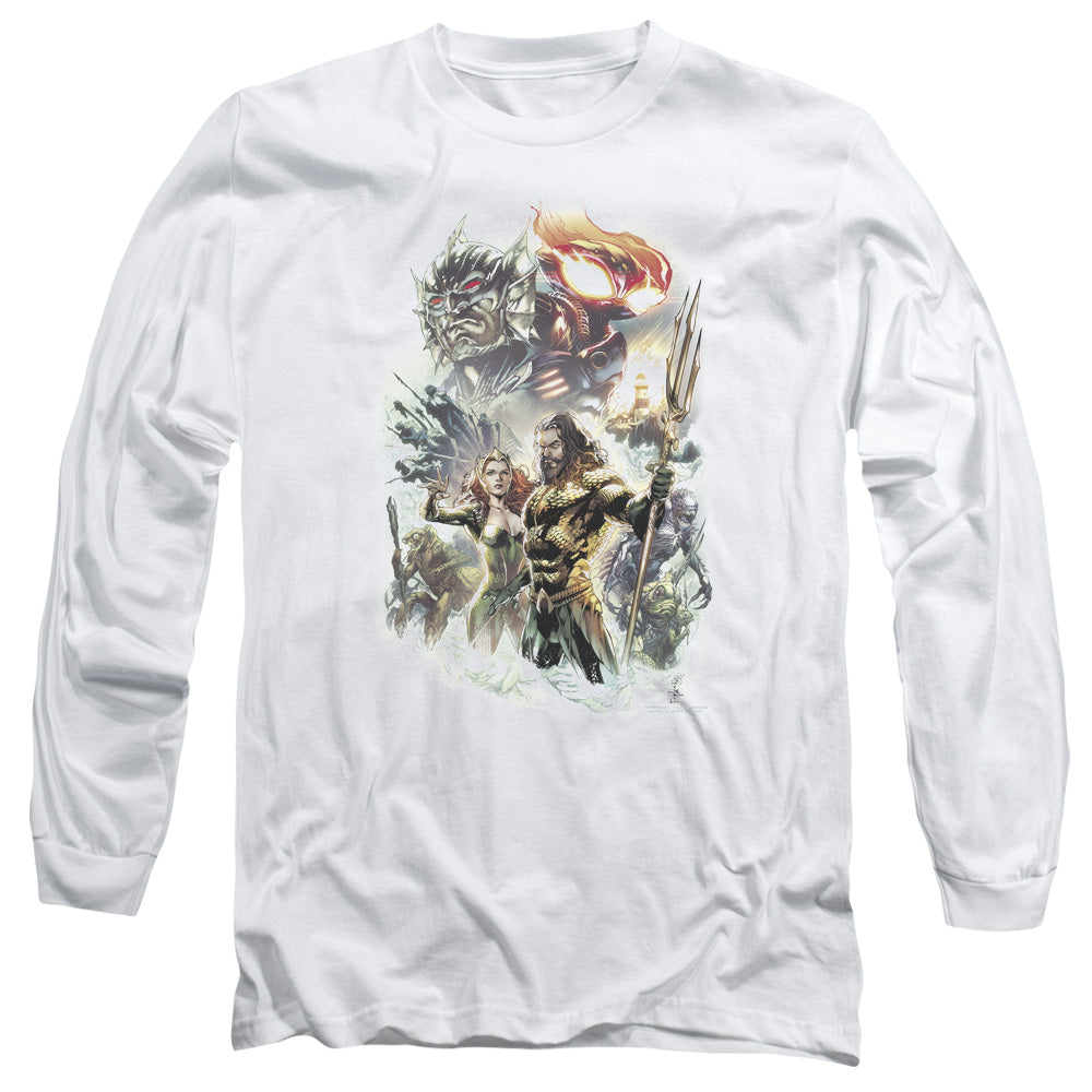 AN OFFCIALLY LICENSED AQUAMAN MOVIE KING OF ATLANTIS MEN'S LONG SLEEVE T-SHIRT WHITE