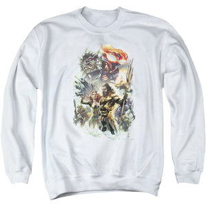 AN OFFCIALLY LICENSED AQUAMAN MOVIE KING OF ATLANTIS ADULT UNISEX CREWNECK SWEATSHIRT WHITE