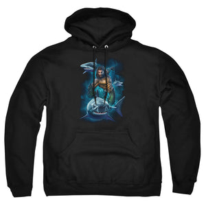 AN OFFCIALLY LICENSED AQUAMAN MOVIE SWIMMING WITH SHARKS ADULT UNISEX PULLOVER HOODIE BLACK