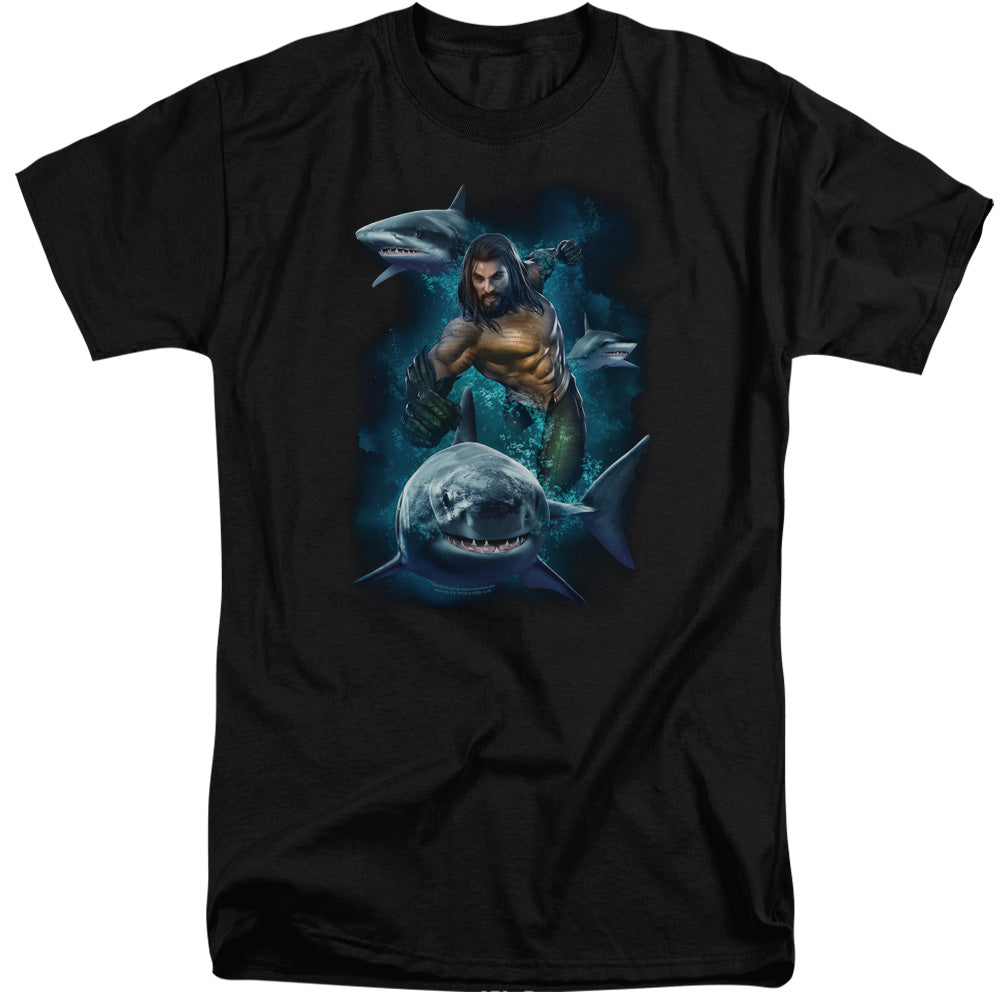 AN OFFCIALLY LICENSED AQUAMAN MOVIE SWIMMING WITH SHARKS MEN'S TALL FIT T-SHIRT BLACK