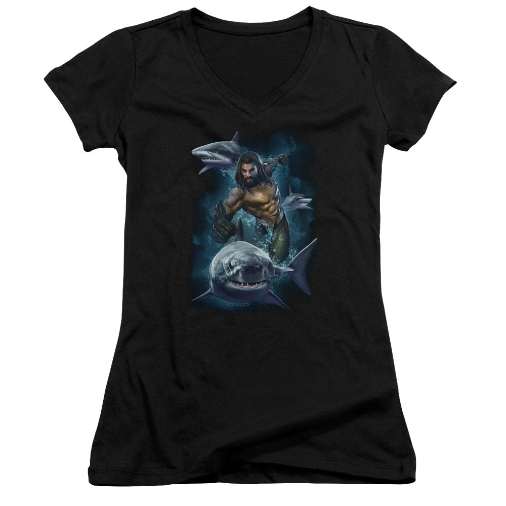 Aquaman Movie Swimming With Sharks Licensed Women's T-Shirt Juniors V-Neck SM