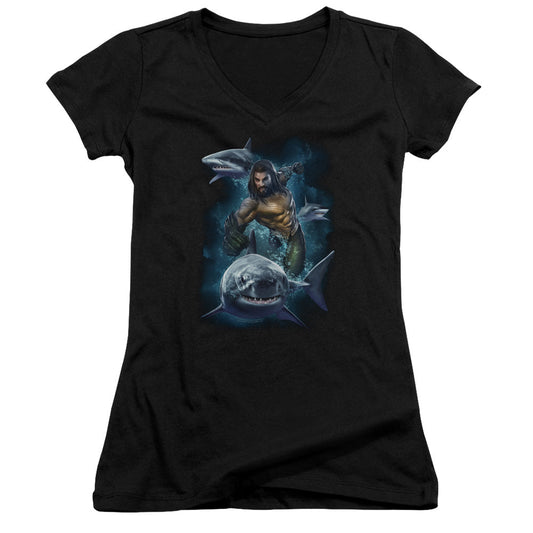 Aquaman Movie Swimming With Sharks Licensed Women's T-Shirt Juniors V-Neck SM