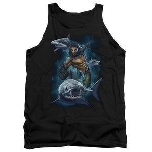 AN OFFCIALLY LICENSED AQUAMAN MOVIE SWIMMING WITH SHARKS ADULT UNISEX TANK TOP BLACK