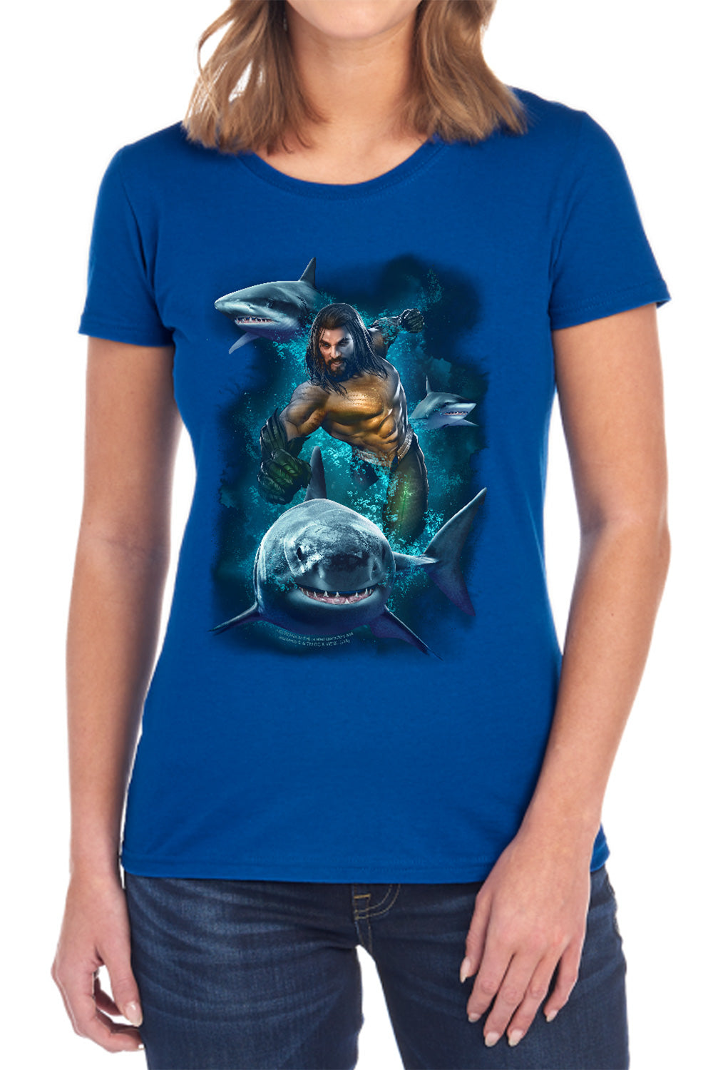 AN OFFCIALLY LICENSED AQUAMAN MOVIE SWIMMING WITH SHARKS WOMEN'S REGULAR FIT T-SHIRT BLACK