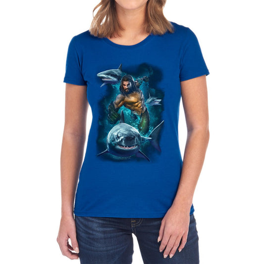 Aquaman Movie Swimming With Sharks Licensed Women's T-Shirt Regular Fit SM-2X