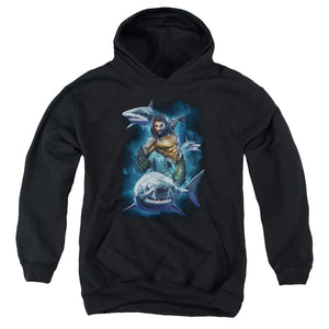 AN OFFCIALLY LICENSED AQUAMAN MOVIE SWIMMING WITH SHARKS YOUTH HOODIE BLACK