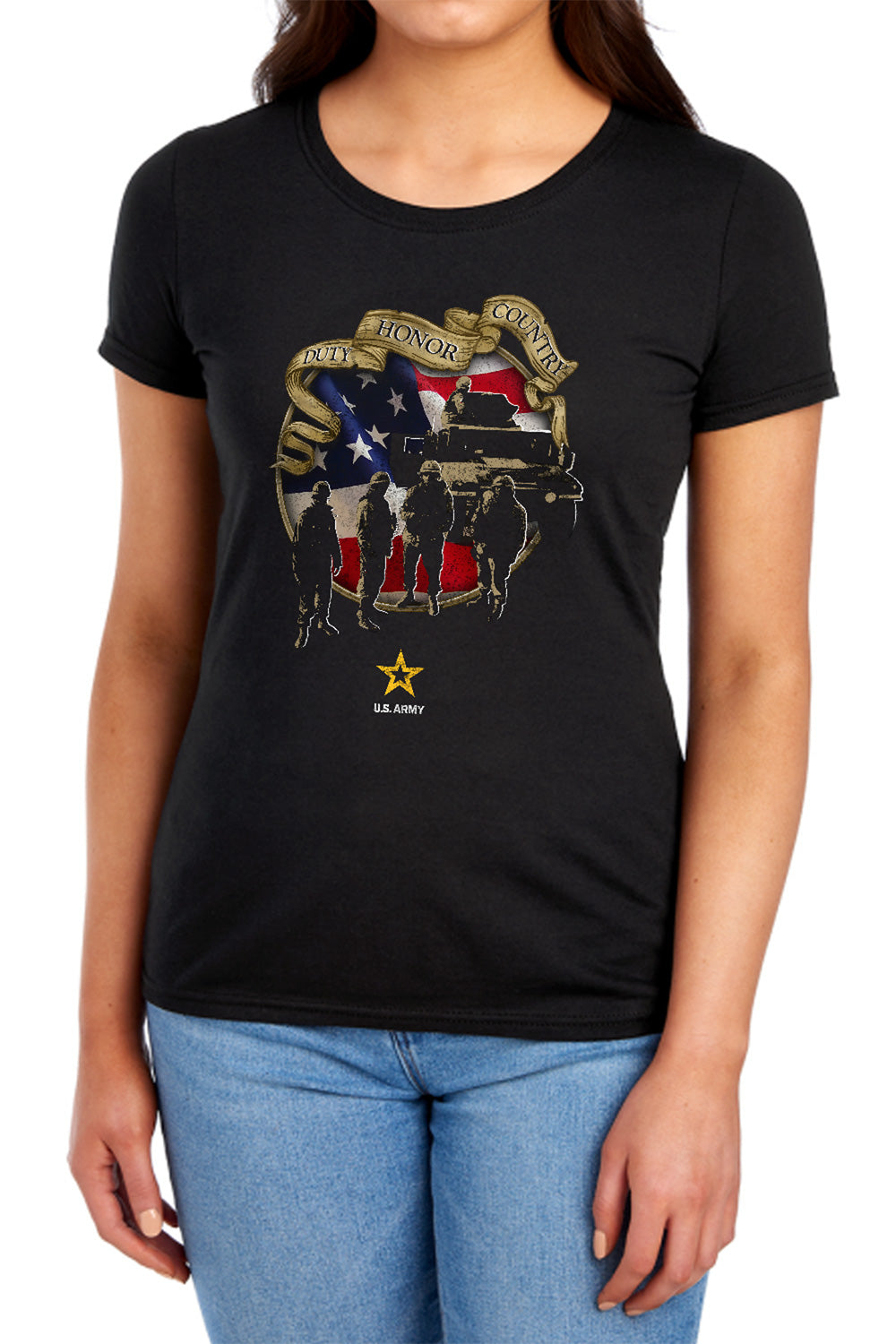 AN OFFCIALLY LICENSED ARMY DUTY HONOR COUNTRY WOMEN'S REGULAR FIT T-SHIRT BLACK