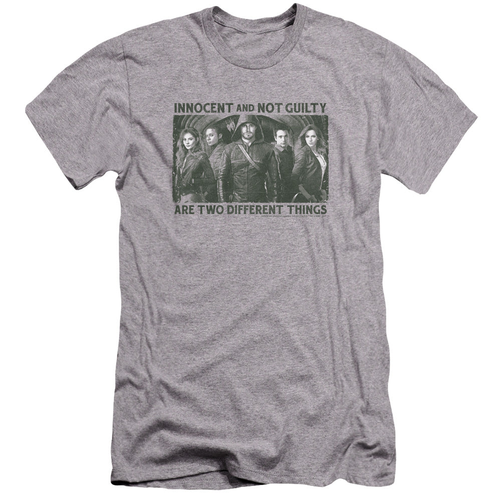 AN OFFCIALLY LICENSED ARROW NOT GUILTY MEN'S PREMIUM SLIM FIT T-SHIRT ATHLETIC HEATHER