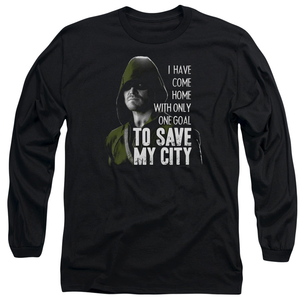 AN OFFCIALLY LICENSED ARROW SAVE MY CITY MEN'S LONG SLEEVE T-SHIRT BLACK