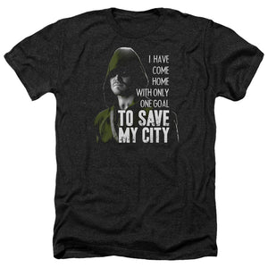AN OFFCIALLY LICENSED ARROW SAVE MY CITY MEN'S HEATHER T-SHIRT CHARCOAL