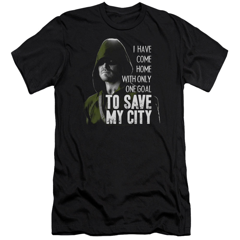 AN OFFCIALLY LICENSED ARROW SAVE MY CITY MEN'S PREMIUM SLIM FIT T-SHIRT BLACK
