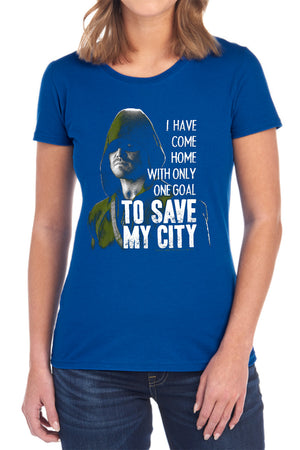 AN OFFCIALLY LICENSED ARROW SAVE MY CITY WOMEN'S REGULAR FIT T-SHIRT BLACK