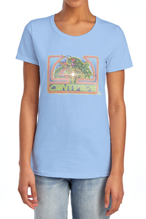 AN OFFCIALLY LICENSED ATARI CLASSIC CENTIPEDE WOMEN'S REGULAR FIT T-SHIRT LIGHT BLUE