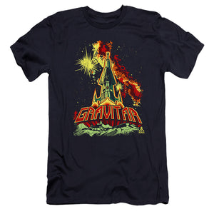 AN OFFCIALLY LICENSED ATARI BLAST OFF MEN'S PREMIUM SLIM FIT T-SHIRT NAVY
