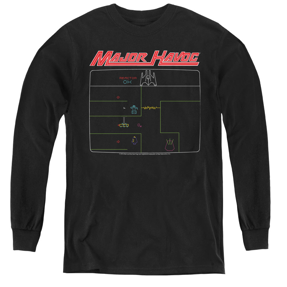AN OFFCIALLY LICENSED ATARI MAJOR HAVOC SCREEN YOUTH LONG SLEEVE T-SHIRT BLACK