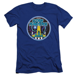 AN OFFCIALLY LICENSED ATARI BADGE MEN'S PREMIUM SLIM FIT T-SHIRT ROYAL