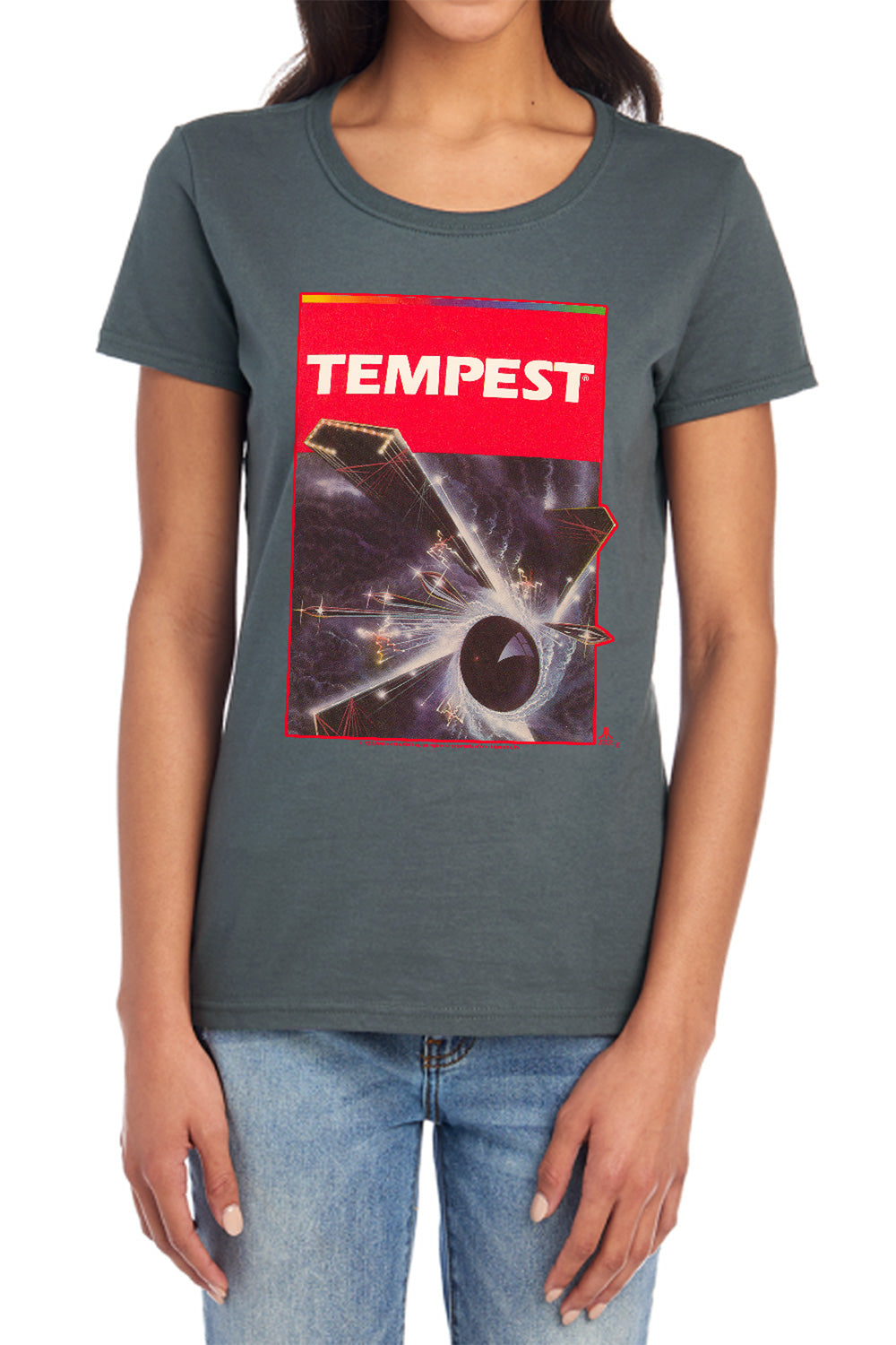 AN OFFCIALLY LICENSED ATARI TEMPEST BOX ART WOMEN'S REGULAR FIT T-SHIRT CHARCOAL