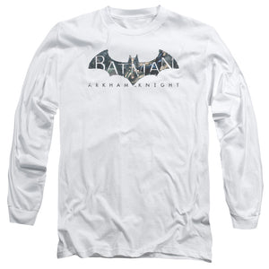 AN OFFCIALLY LICENSED BATMAN ARKHAM KNIGHT DESCENDING LOGO MEN'S LONG SLEEVE T-SHIRT WHITE