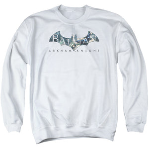 AN OFFCIALLY LICENSED BATMAN ARKHAM KNIGHT DESCENDING LOGO ADULT UNISEX CREWNECK SWEATSHIRT WHITE