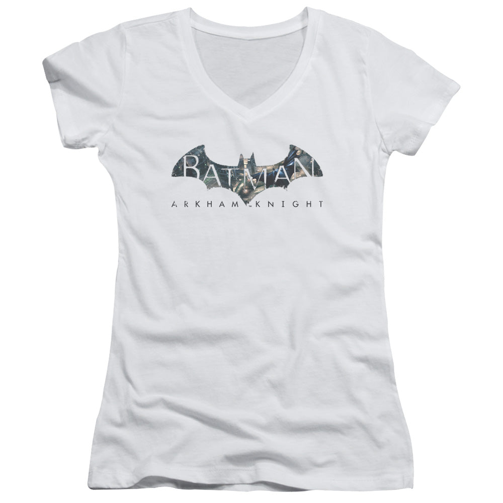 Batman Arkham Knight Descending Logo Licensed Women's T-Shirt Juniors V-Neck SM