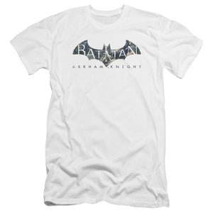 AN OFFCIALLY LICENSED BATMAN ARKHAM KNIGHT DESCENDING LOGO MEN'S PREMIUM SLIM FIT T-SHIRT WHITE