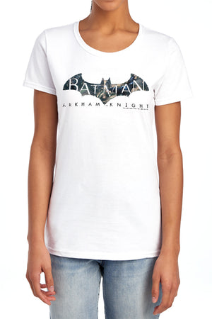 AN OFFCIALLY LICENSED BATMAN ARKHAM KNIGHT DESCENDING LOGO WOMEN'S REGULAR FIT T-SHIRT WHITE