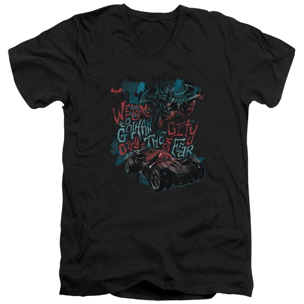 AN OFFCIALLY LICENSED BATMAN ARKHAM KNIGHT CITY OF FEAR MEN'S V-NECK T-SHIRT BLACK