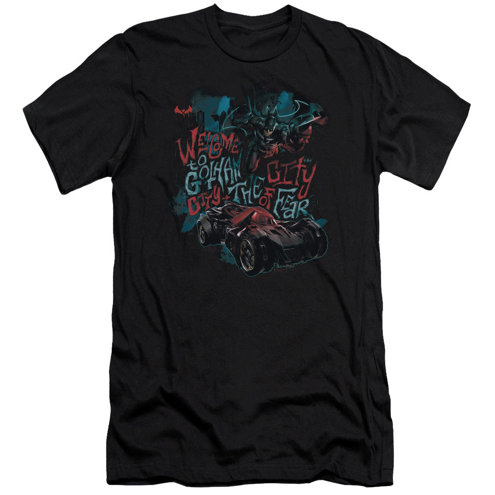 AN OFFCIALLY LICENSED BATMAN ARKHAM KNIGHT CITY OF FEAR MEN'S PREMIUM SLIM FIT T-SHIRT BLACK