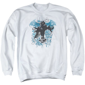 AN OFFCIALLY LICENSED BATMAN ARKHAM KNIGHT I KNOW ADULT UNISEX CREWNECK SWEATSHIRT WHITE