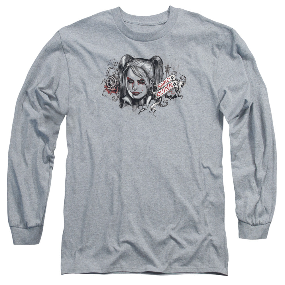 AN OFFCIALLY LICENSED BATMAN ARKHAM KNIGHT HQ SKETCH MEN'S LONG SLEEVE T-SHIRT ATHLETIC HEATHER